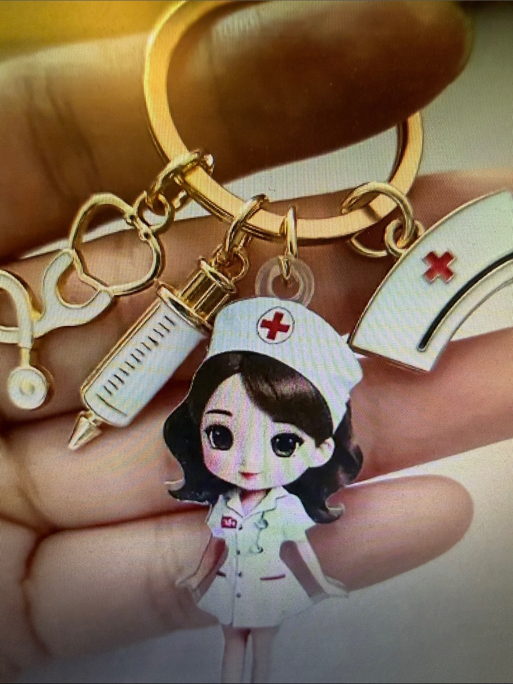 Cute Nurse Charm Keychain - White & Gold Medical Charms. 🆕